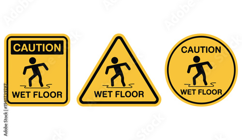 Wet floor caution signs warn of slippery.