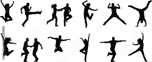 Large collection of black silhouettes showing diverse happy people and dancers jumping and celebrating with expressive energetic poses isolated on white background for creative designs