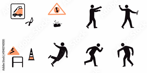 Set of black silhouette danger and warning pictograms with falling hazard, stumble, slipping man and road safety caution signs vector illustration