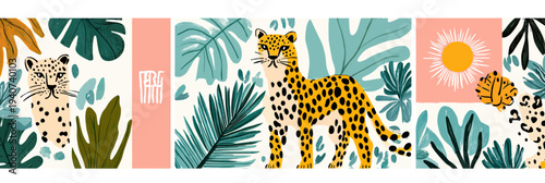 Seamless tropical jungle pattern with spotted leopard, palm leaves, butterflies, and sun in flat minimalist vector style for background or design