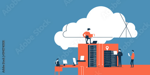 Cloud computing data center with IT professionals managing servers and network storage in technology workspace concept flat vector illustration