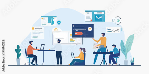 Flat vector illustration of software development team collaborating on project with laptops and charts in office environment