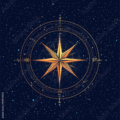Detailed vintage compass rose with intricate star and celestial design on dark starry sky background vector illustration for navigation and exploration concept