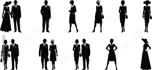 Large collection of black silhouettes showing elegant men and women in vintage formal suits and stylish hats standing and walking isolated on white background