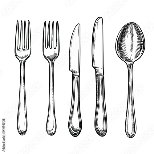 Hand drawn realistic sketch of vintage cutlery set with forks knives and spoon detailed line art flat vector illustration black and white dining utensils collection