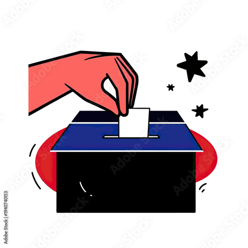 Hand placing ballot paper into voting box with stars and red accent background flat vector illustration of democratic election concept and political participation symbol design