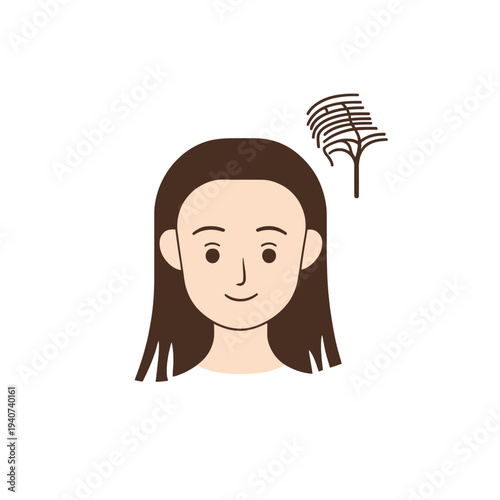 Minimalist vector illustration of woman with long brown hair and hair loss concept symbolized by fallen hair strands on white background