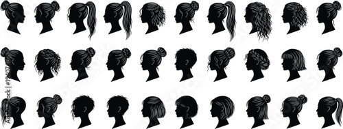 Large collection of black silhouettes showing diverse women hairstyles and haircuts including buns ponytails braids and short hair isolated on white background for beauty designs