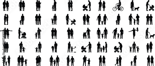 Large collection of black silhouettes showing families with children parents walking with strollers couples holding hands and people with pets isolated on white background
