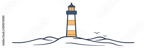 Minimalist continuous line drawing of striped lighthouse on coastal landscape with birds silhouette isolated on white background vector illustration