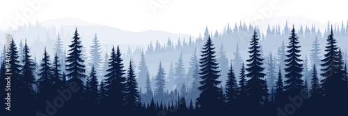 Panoramic navy blue pine forest silhouette with layered misty mountain background in minimalist flat vector style landscape composition for nature and outdoor design