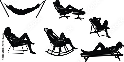 Large collection of black silhouettes showing people relaxing on hammock rocking chair deckchair and lounge furniture isolated on white background for lifestyle designs