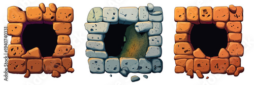 Set of cartoon stone brick walls with irregular holes, damaged rough textured concrete block frames, broken bricks game asset vector illustration in flat minimalist style