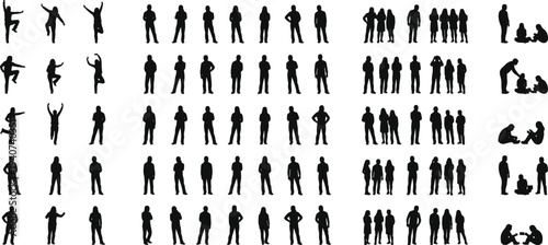 Large collection of black silhouettes showing people standing in groups jumping in joy sitting and talking isolated on white background for diverse social designs