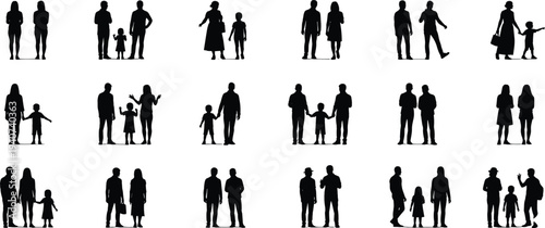 Large collection of black silhouettes showing people walking standing talking holding hands with children and families in various poses isolated on white background for design