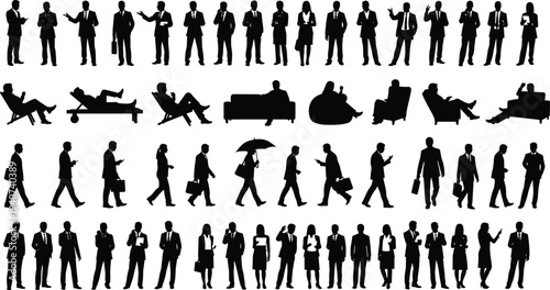 Large collection of black silhouettes showing professional business people men and women standing walking sitting and using gadgets isolated on white background for corporate designs