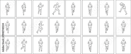 Large collection of minimalist flat vector outline illustrations showing a man running and jogging in various poses and frames for sports and fitness animation