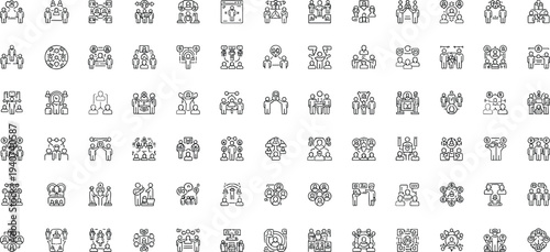 Large set of line vector icons featuring business networking, team collaboration, corporate hierarchy, community connection, social relationship, and leadership symbols for professional graphic 
