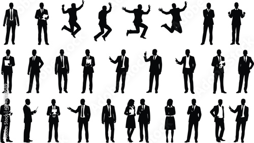 Set of black vector business silhouettes featuring professional men and women in suits jumping with joy, presenting, and collaborating for corporate success and networking.