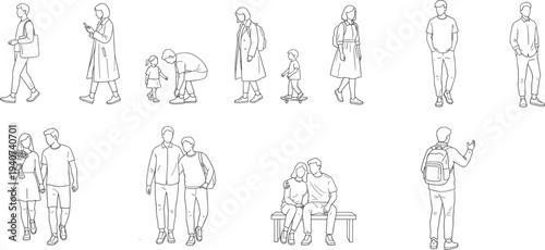 Set of minimalist line vector illustrations featuring people walking, standing, couples, parents with children, and students with backpacks for architectural scale and lifestyle design.