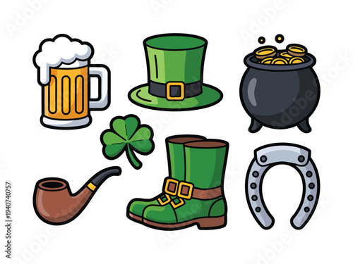 St Patrick day icons including beer and gold.