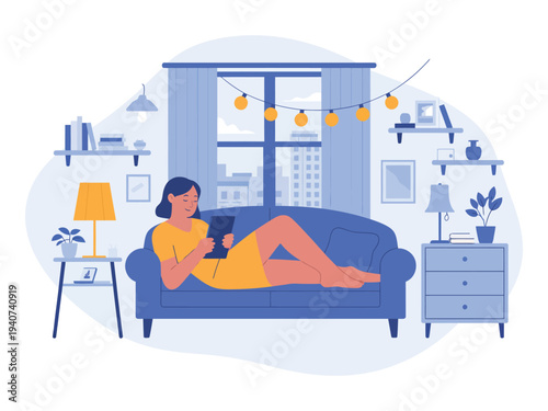 Woman relaxes on sofa using digital tablet.