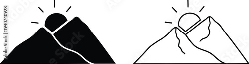 Mountain sunrise duality black white isolated on transparent background, Vector