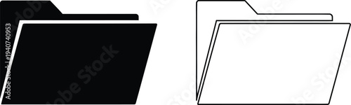 Black and white file folder icons isolated on transparent background, Vector