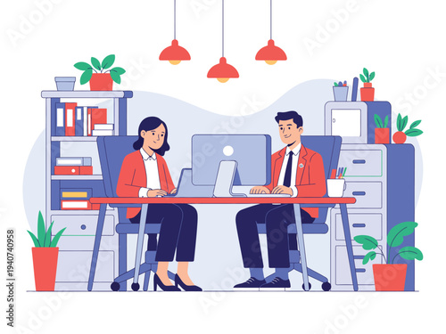 Two colleagues work together at a shared modern.