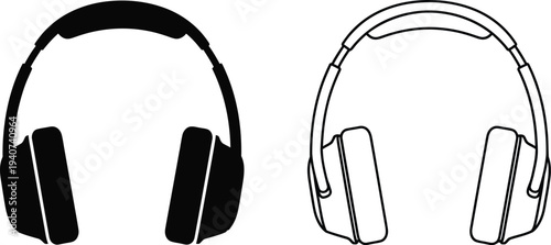 Headphones illustration pair black and line art isolated on transparent background, Vector