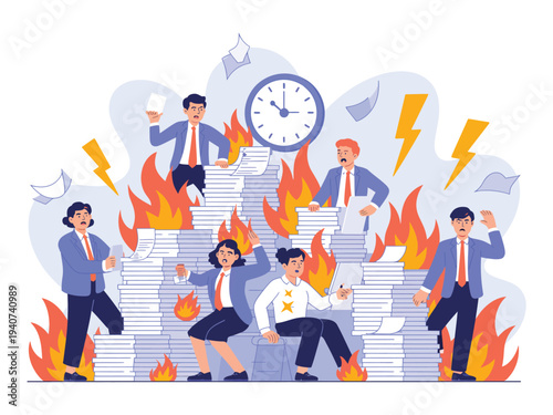 Stressed employees face burning paperwork.