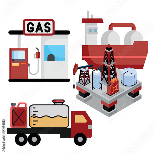 Set of oil industry extraction production and transportation oil and petrol, rig and barrels on flat cartoon icons. Vector Illustration of Offshore Oil Rig Bundle with Tanker Ship, Flat Style Design a