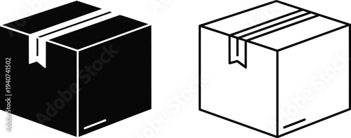 Black and white boxes with tape isolated on transparent background, Vector