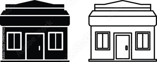 Black and white building facades with contrasting doors and windows isolated on transparent background, Vector