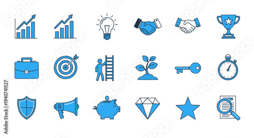 Collection of Business and Finance Icons for Marketing and Presentation in a Clean Modern Flat Design Style