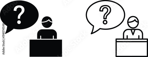 Question marks in speech bubbles over two people isolated on transparent background, Vector