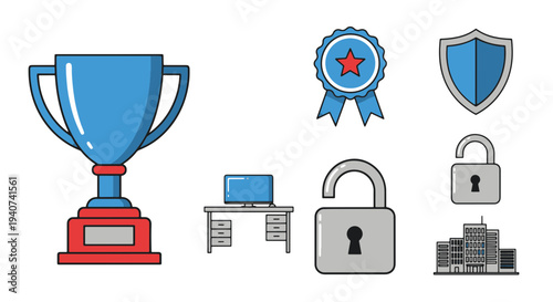 Collection of Flat Design Icons Featuring a Trophy Ribbon Award Shield Office Desk with Computer Unlocked Padlock and Modern City Buildings
