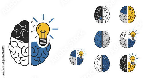 Conceptual Split Brain Illustration with One Hemisphere Dark and One Hemisphere Light Blue Featuring a Glowing Lightbulb in the Light Blue Part Indicating an Idea