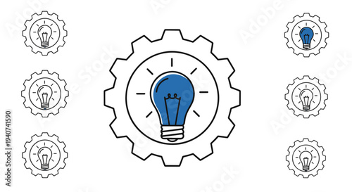 Gears and a Glowing Blue Lightbulb Inside a Circular Frame with Radiating Lines Symbolizing Innovation and Mechanical Ideas