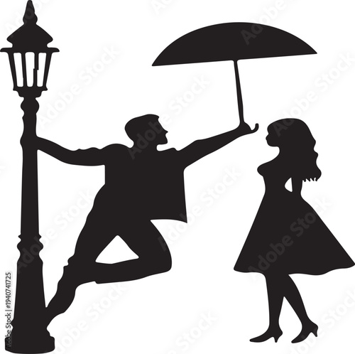 Silhouette vector illustration of a girl holding an umbrella standing with a boy couple scene