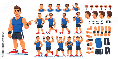 Male Fitness Character Design Sheet – Cartoon Vector Turnaround, Expressions & Animation Poses, different hands, legs poses and facial emotion. Characters constructor vector set 