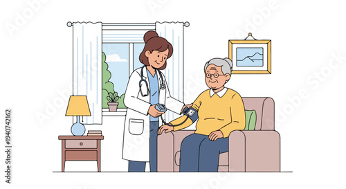 A female healthcare worker in a white coat checks the blood pressure of a senior man sitting on a couch in a cozy living room with a flat 2D illustration style post pandemic health check.