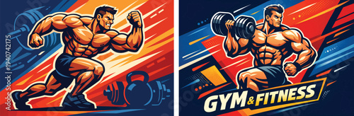 Muscular Bodybuilder Gym Workout Comic Style Vector Illustration, Strong Fitness Athlete Training with Dumbbells and Barbell, Motivational Gym & Fitness Poster Design