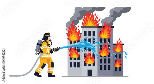 A male firefighter, equipped with an oxygen tank and yellow uniform, sprays a blue stream of water onto a large multi-story building engulfed in orange flames and dark smoke.
