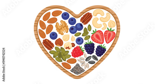A heart-shaped wooden tray, showcasing a light brown grain, is generously filled with a vibrant assortment of fresh berries, various nuts, and diverse seeds.