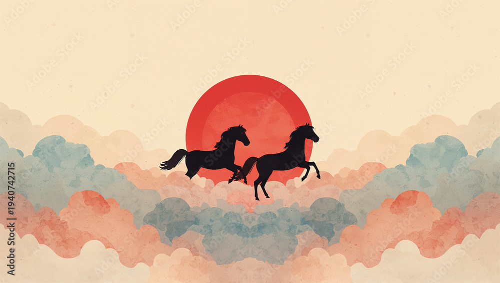 Naklejka premium 二頭の馬が雲の上を駆ける赤い太陽の水彩ファンタジー背景素材