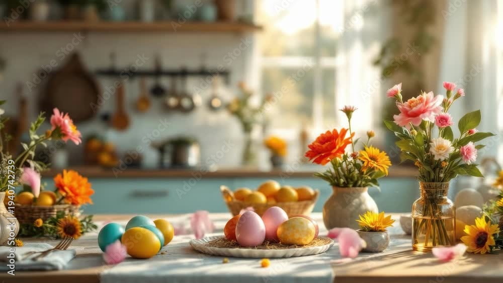 custom made wallpaper toronto digitalColorful easter eggs and flowers in sunny kitchen setting. Easter, Pascha, Paskha, Ostern, Pascua, Paques - Orthodox and Catholic Holiday celebration