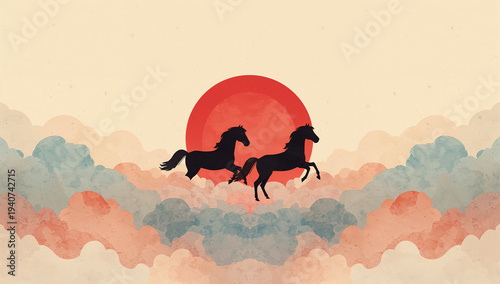 二頭の馬が雲の上を駆ける赤い太陽の水彩ファンタジー背景素材