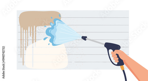A human hand is holding a pressure washer nozzle and spraying a wide fan of water onto a dirty beige wall, actively cleaning a distinct oval area.