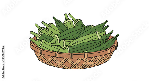 A tightly woven light brown basket is completely filled with numerous fresh, vibrant green okra pods, all neatly arranged and packed together.